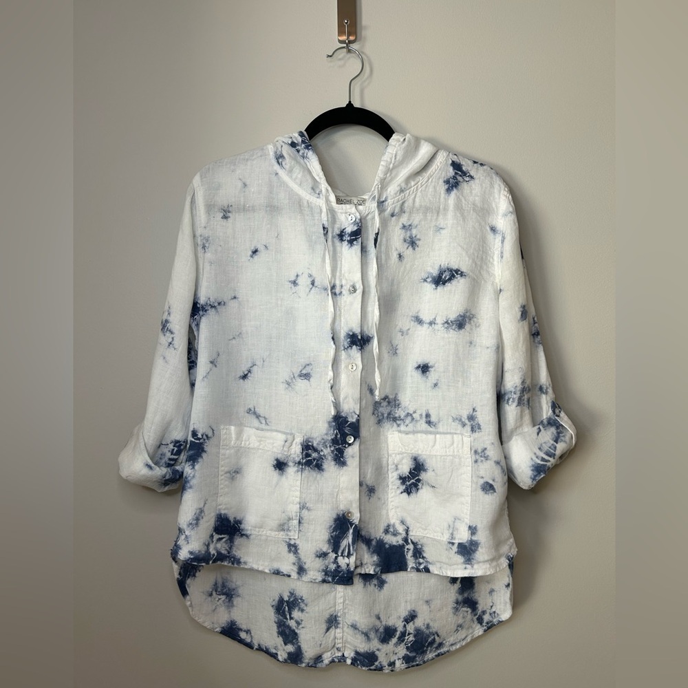 Rachel Zoe Linen Tie Dye Oversized Button Down Hooded Top Size Small Blue EUC